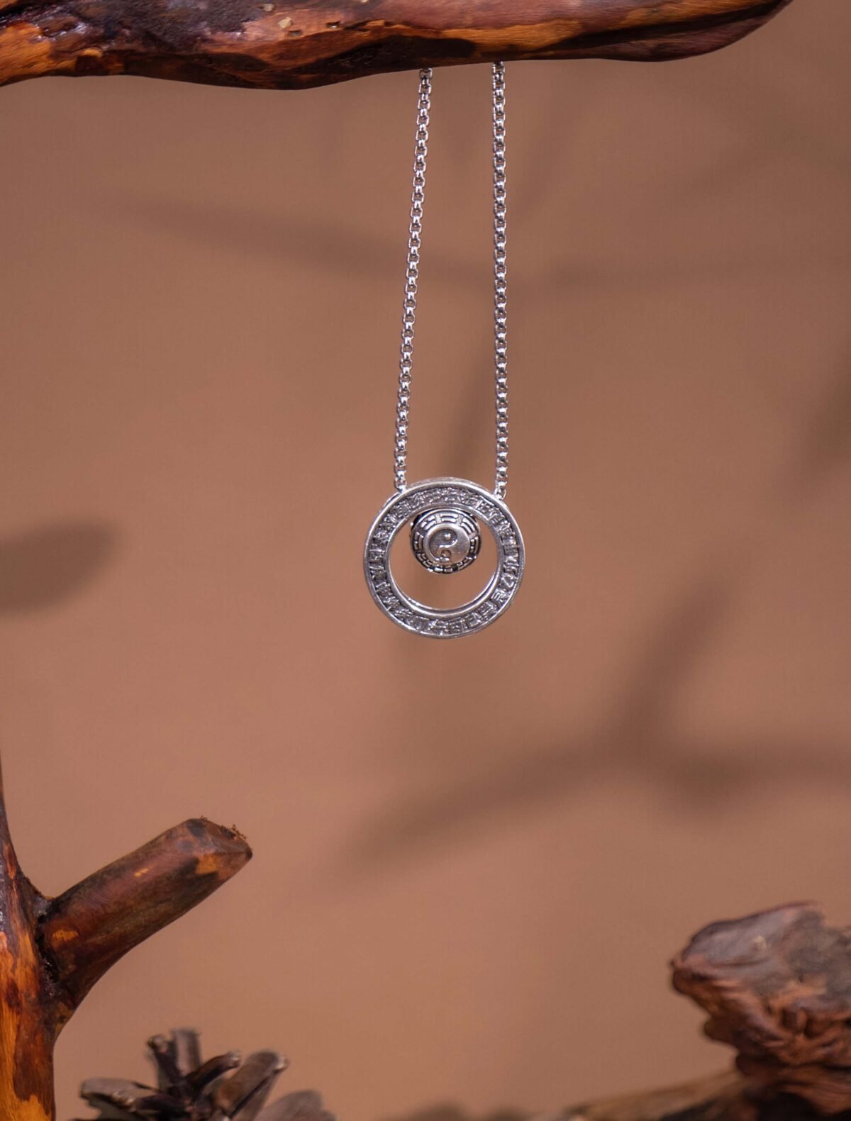 Nature & Tao 24 Mountains Pendant – 925 Silver Ring with Free‑Spinning Flat Round Taiji Bead & Directional Engravings