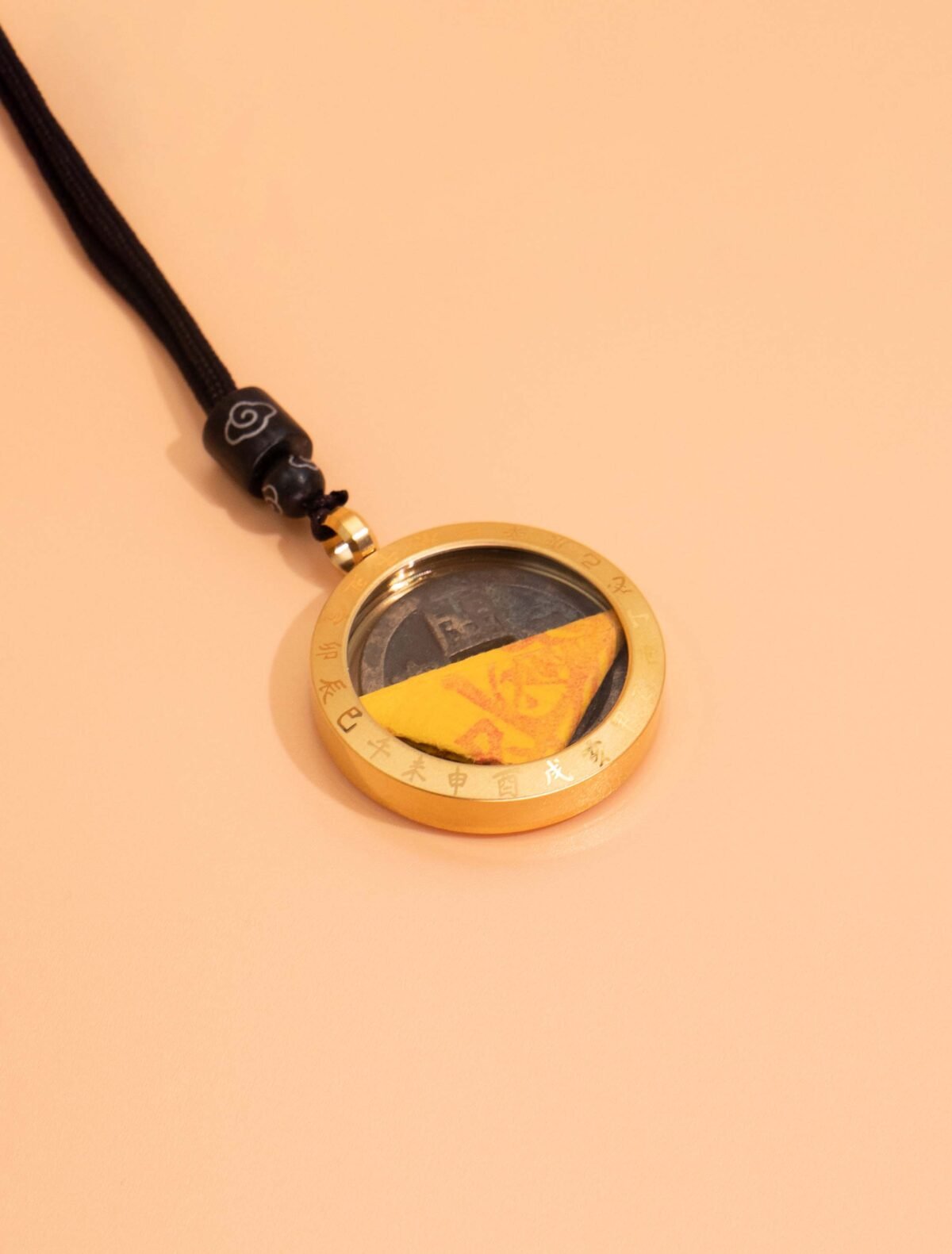 Nature & Tao ShanGui Exorcism Pendant – Vintage Coin in Protective Frame with 24 Mountains & 12 Zodiac, Black Cord & Cloud-Carved Sandalwood Beads