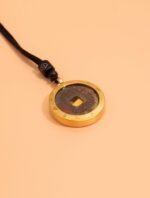 Nature & Tao ShanGui Exorcism Pendant – Vintage Coin in Protective Frame with 24 Mountains & 12 Zodiac, Black Cord & Cloud-Carved Sandalwood Beads