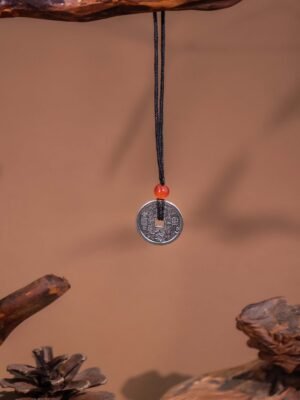 Nature & Tao Vintage Silver-Tone ShanGui Pendant – Carved Amulet Coin with Red Agate Bead, Black Cord, A Gentle Reminder of Steadiness & Grace
