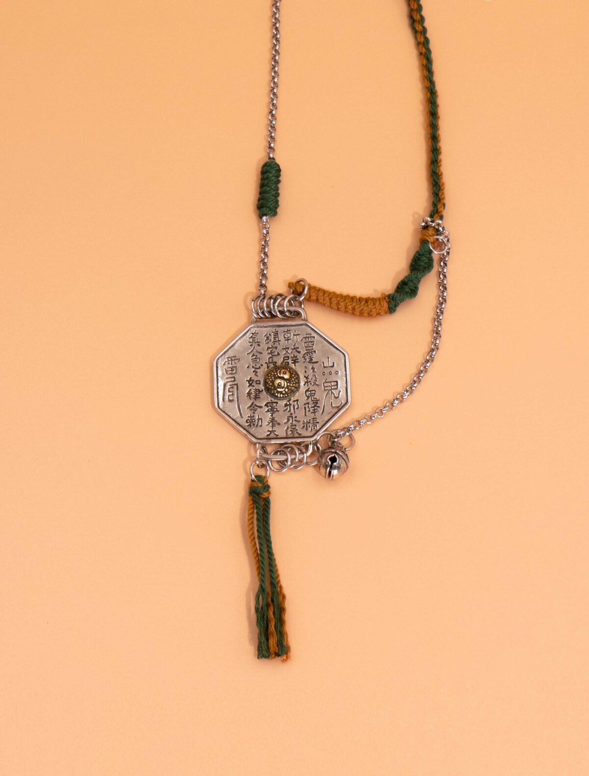 Nature & Tao ShanGui Exorcism Pendant Necklace – Vintage Tibetan Silver Octagonal Amulet, Gold Taiji, Hand-Braided Cord, Detachable Chain & Tassel