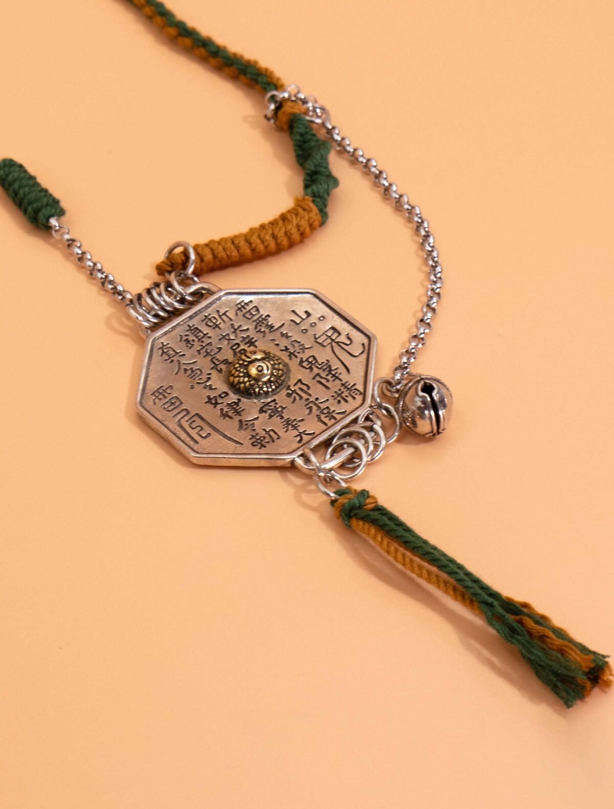 Nature & Tao ShanGui Exorcism Pendant Necklace – Vintage Tibetan Silver Octagonal Amulet, Gold Taiji, Hand-Braided Cord, Detachable Chain & Tassel
