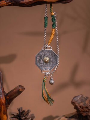 Nature & Tao ShanGui Exorcism Pendant Necklace – Vintage Tibetan Silver Octagonal Amulet, Gold Taiji, Hand-Braided Cord, Detachable Chain & Tassel