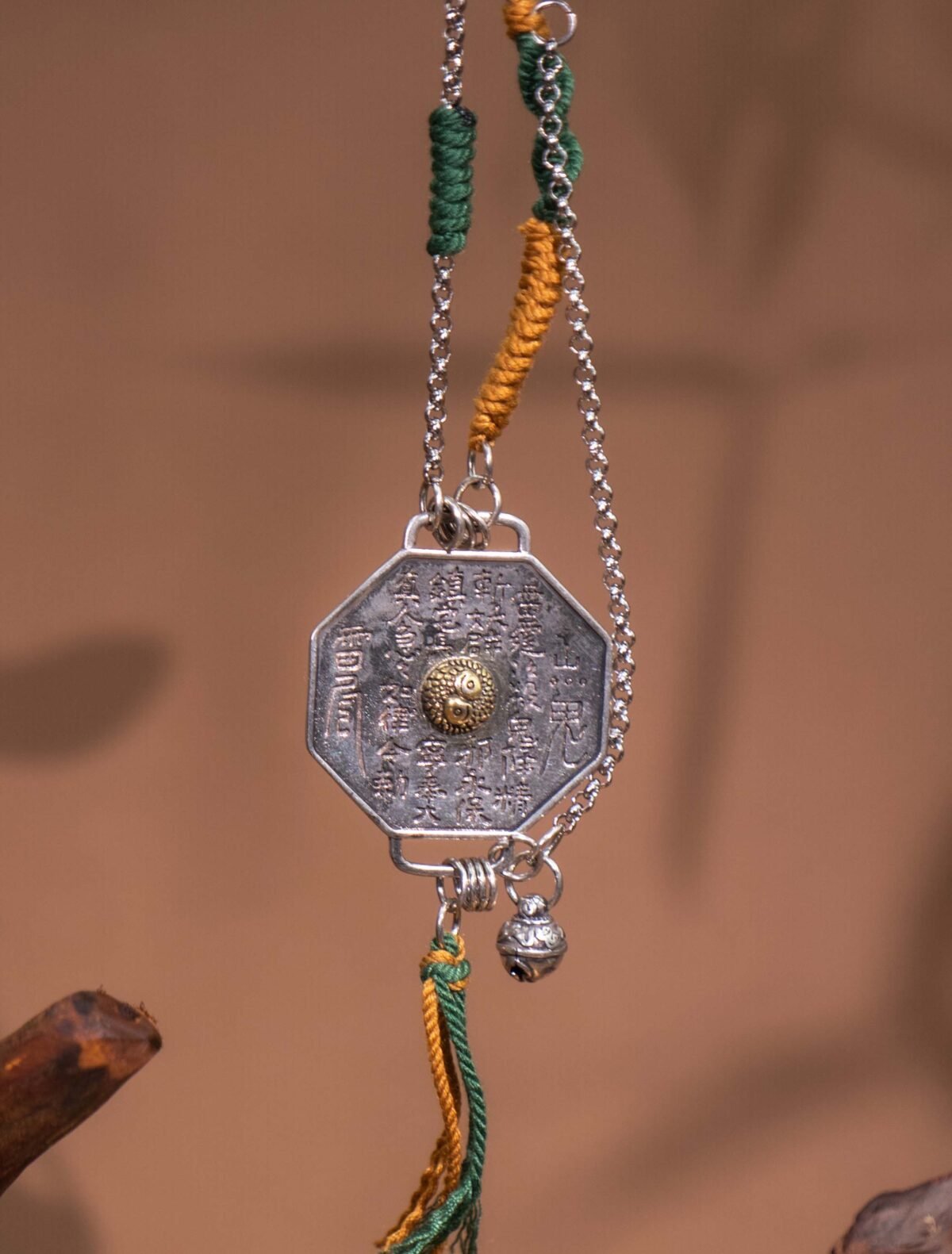 Nature & Tao ShanGui Exorcism Pendant Necklace – Vintage Tibetan Silver Octagonal Amulet, Gold Taiji, Hand-Braided Cord, Detachable Chain & Tassel