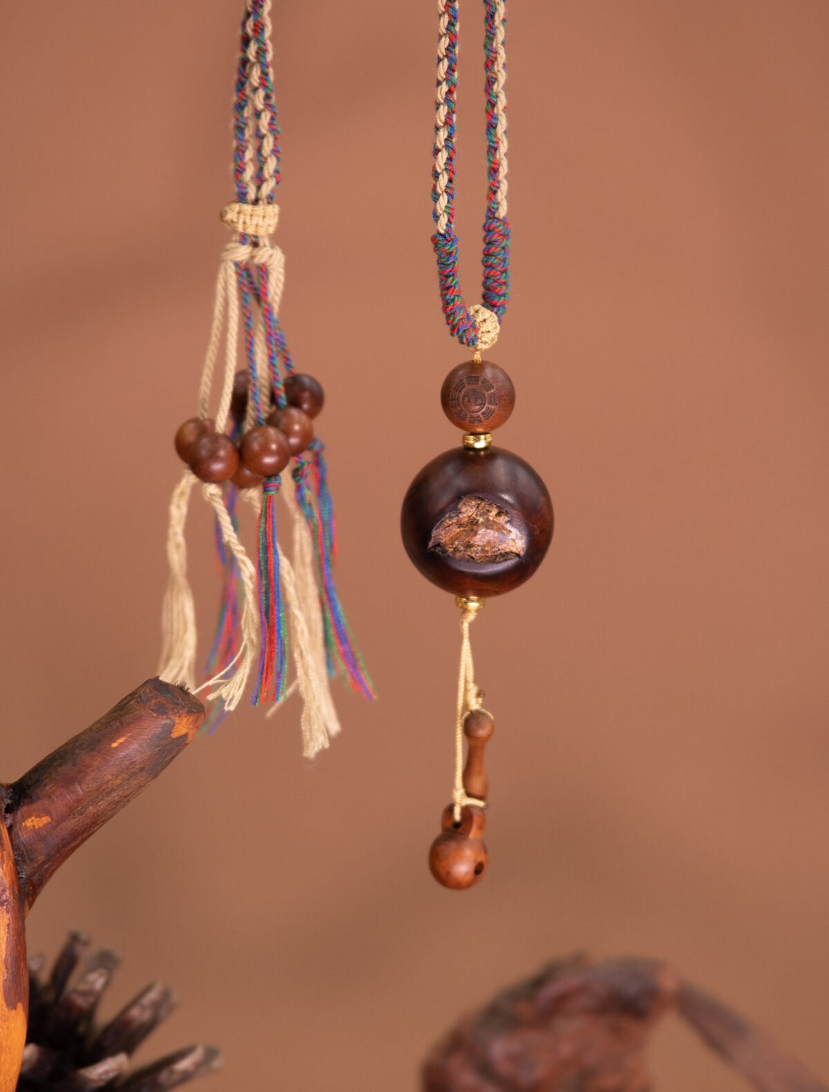 Nature & Tao Thunder-Struck Wood Muyu Pendant – Taiji Bagua Peachwood Spacer, Natural Open-Core Wood Bead & Carved Muyu for Spiritual Awakening