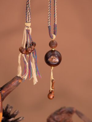 Nature & Tao Thunder-Struck Wood Muyu Pendant – Taiji Bagua Peachwood Spacer, Natural Open-Core Wood Bead & Carved Muyu for Spiritual Awakening