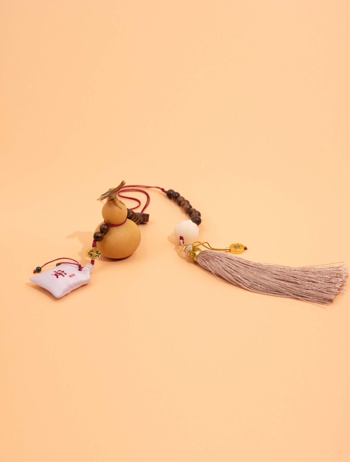 Nature & Tao Five Treasures Pendant – Gourd, Bodhi, Lotus, Scented Sachet & Pink Tassel for Protection, Wisdom & Purification