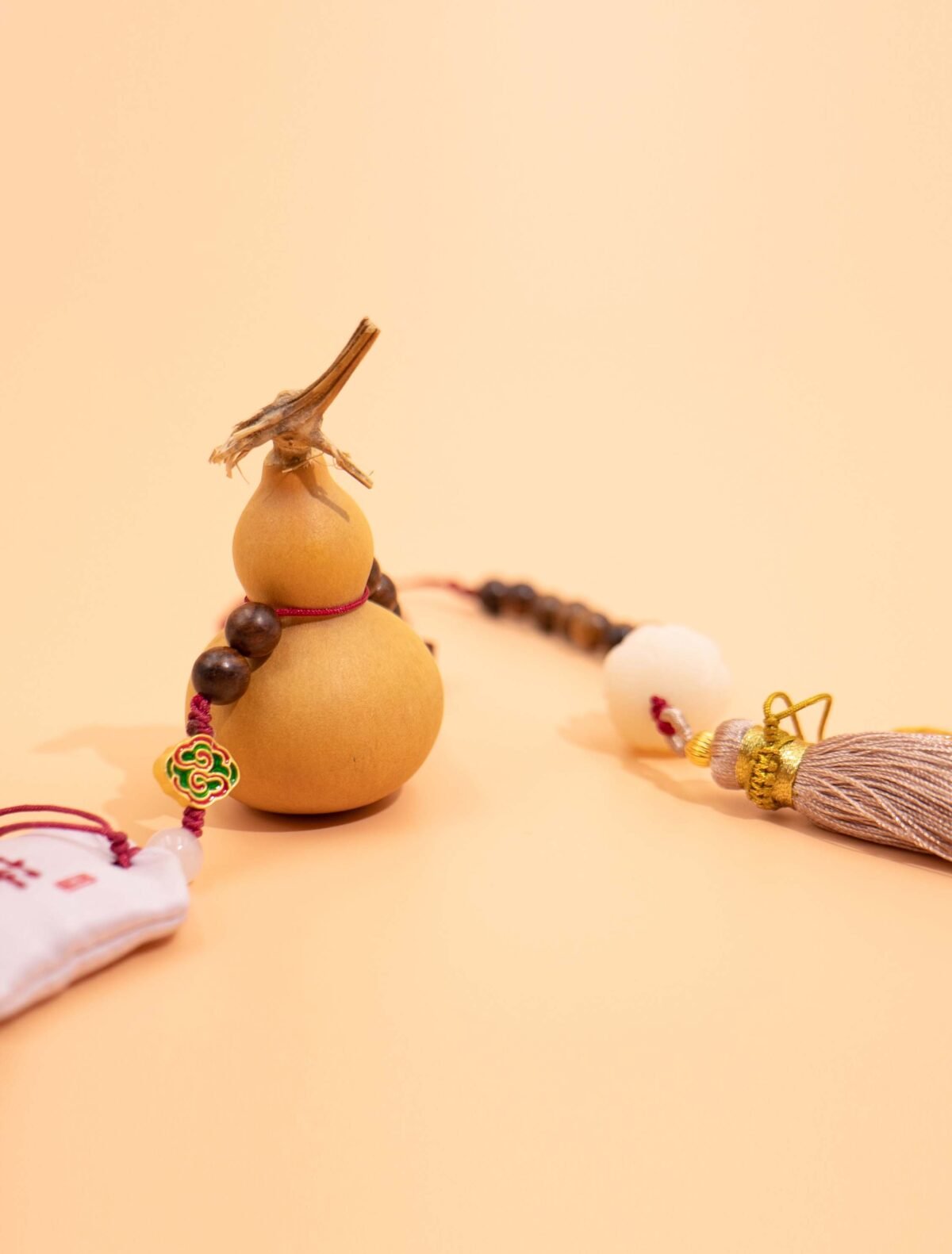 Nature & Tao Five Treasures Pendant – Gourd, Bodhi, Lotus, Scented Sachet & Pink Tassel for Protection, Wisdom & Purification