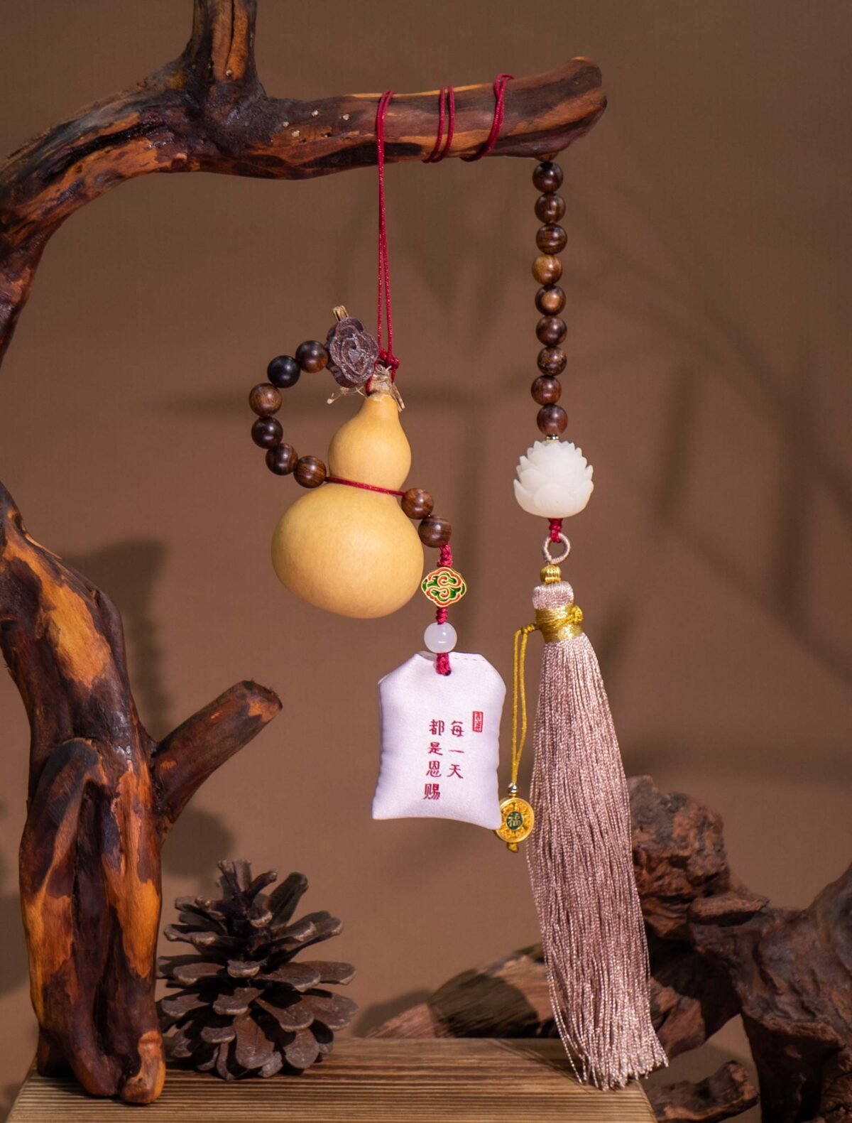 Nature & Tao Five Treasures Pendant – Gourd, Bodhi, Lotus, Scented Sachet & Pink Tassel for Protection, Wisdom & Purification