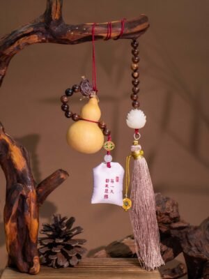 Nature & Tao Five Treasures Pendant – Gourd, Bodhi, Lotus, Scented Sachet & Pink Tassel for Protection, Wisdom & Purification