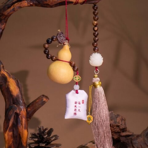 Nature & Tao Five Treasures Pendant – Gourd, Bodhi, Lotus, Scented Sachet & Pink Tassel for Protection, Wisdom & Purification
