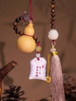 Nature & Tao Five Treasures Pendant – Gourd, Bodhi, Lotus, Scented Sachet & Pink Tassel for Protection, Wisdom & Purification