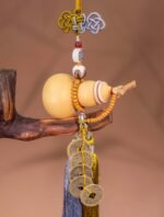 Nature & Tao Five Blessings Gourd Pendant – Gold & Silver Hand-Tied Knot, Red Agate, Fortune Plaque, Lotus Bead & Five Emperor Coins