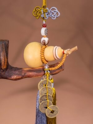 Nature & Tao Five Blessings Gourd Pendant – Gold & Silver Hand-Tied Knot, Red Agate, Fortune Plaque, Lotus Bead & Five Emperor Coins