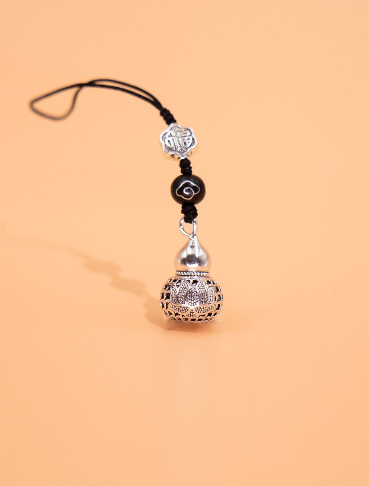 Nature & Tao Vintage Silver Lotus Gourd Charm – Hollow Carved Design, Fortune “Fu” Plaque, Sandalwood Bead & Black Cord