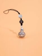 Nature & Tao Vintage Silver Lotus Gourd Charm – Hollow Carved Design, Fortune “Fu” Plaque, Sandalwood Bead & Black Cord