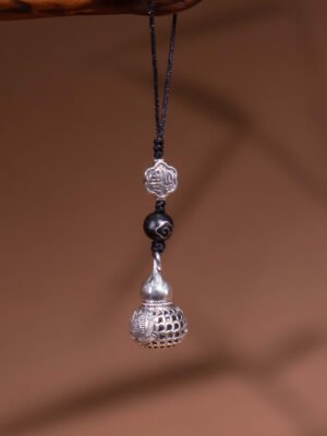 Nature & Tao Vintage Silver Lotus Gourd Charm – Hollow Carved Design, Fortune “Fu” Plaque, Sandalwood Bead & Black Cord