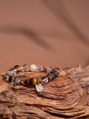 Nature & Tao Sacred Wood & Stone Bracelet – Aloeswood, Tiger‘s Eye & White Water Gold