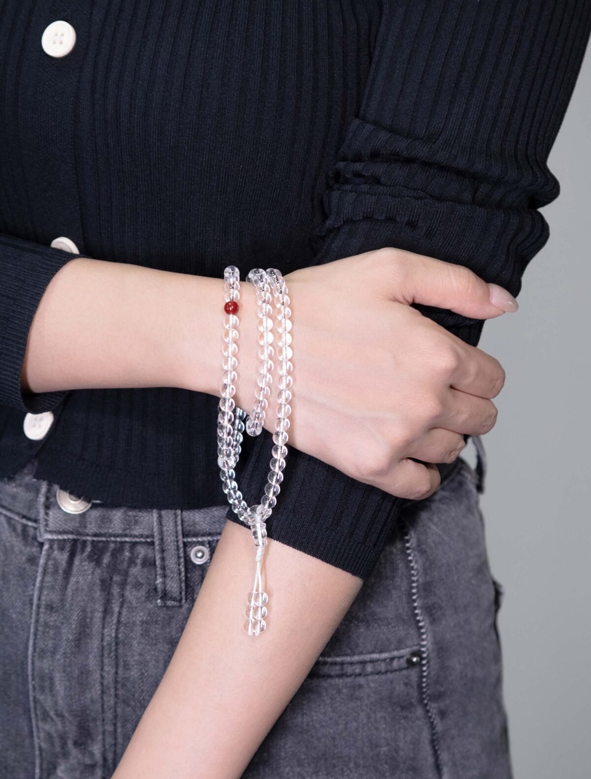 Nature & Tao White Crystal 108 Beads – Clear, Luminous, with Red Agate Markers Every 27 Beads & Crown Bead, A Counting Companion for Daily Practice