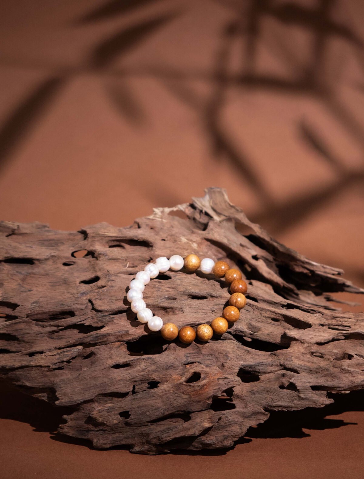 Nature & Tao Pearl & Nanmu Wood Bracelet – Moonlit Water Meets Sacred Golden Wood