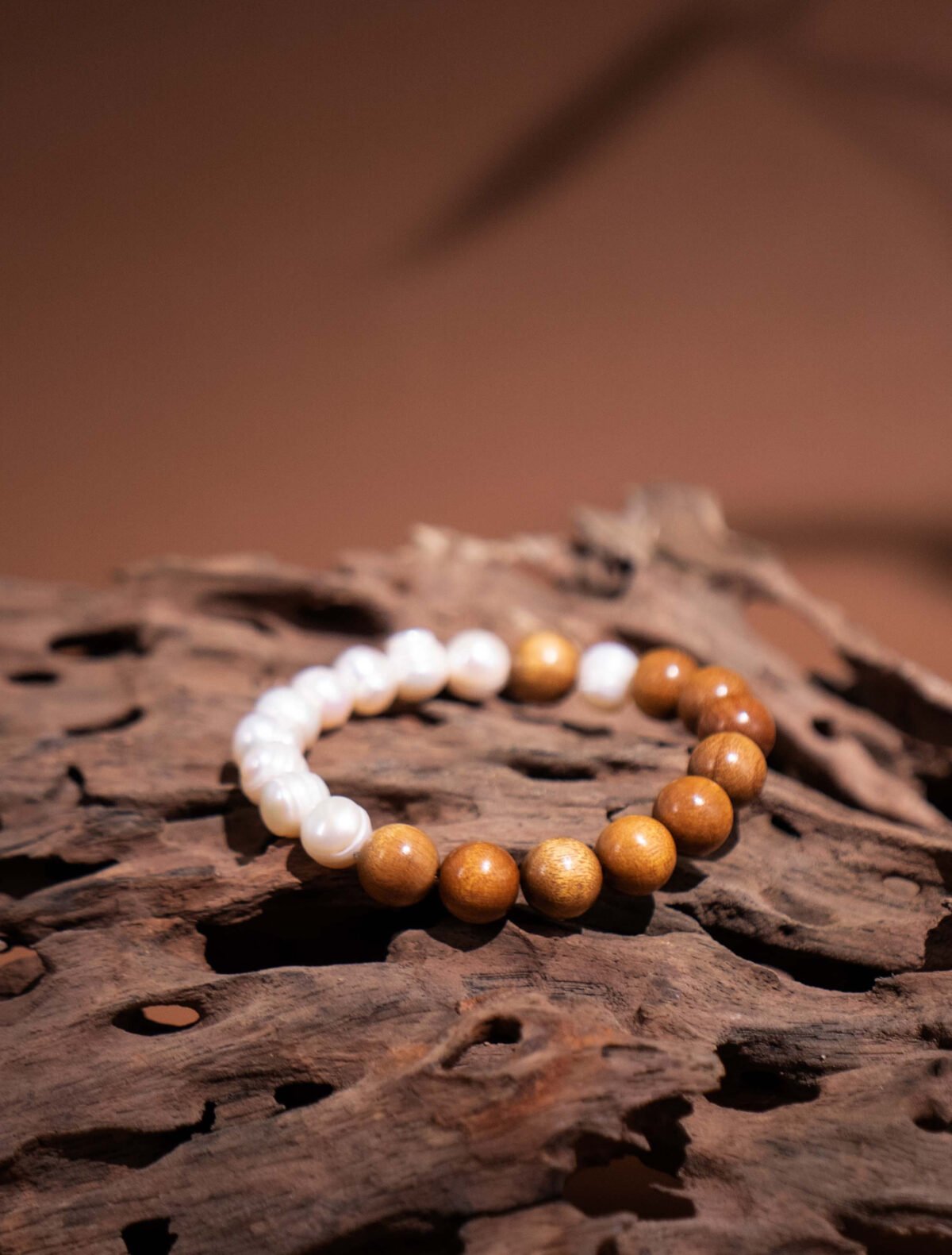 Nature & Tao Pearl & Nanmu Wood Bracelet – Moonlit Water Meets Sacred Golden Wood