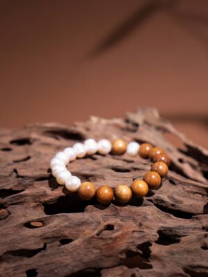 Nature & Tao Pearl & Nanmu Wood Bracelet – Moonlit Water Meets Sacred Golden Wood