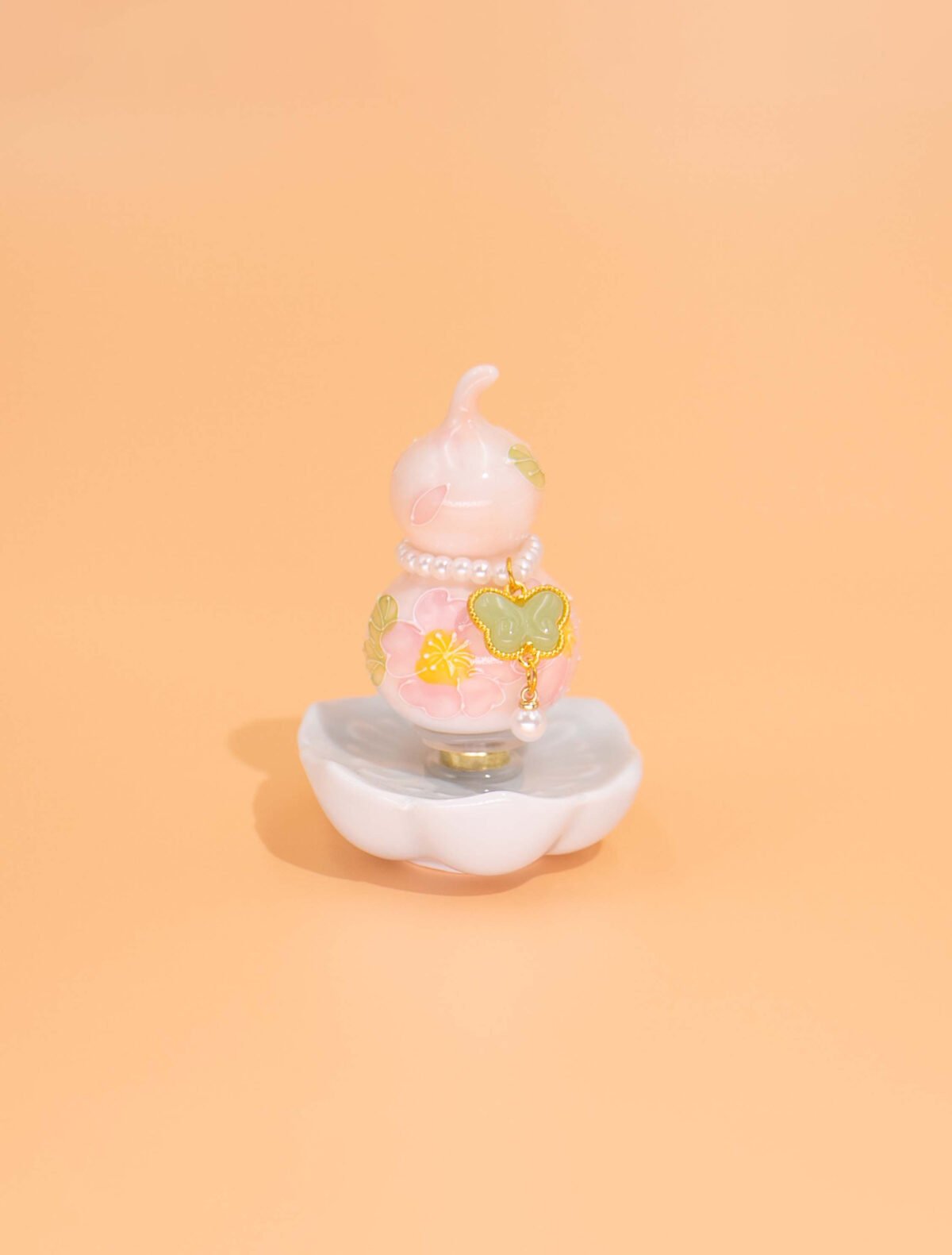 Nature & Tao Peach Blossom Hulu – Pink Porcelain Gourd with Butterfly Jade Charm, Pearl Accents & Lotus Base to Invite Love, Joy & Good Fortune