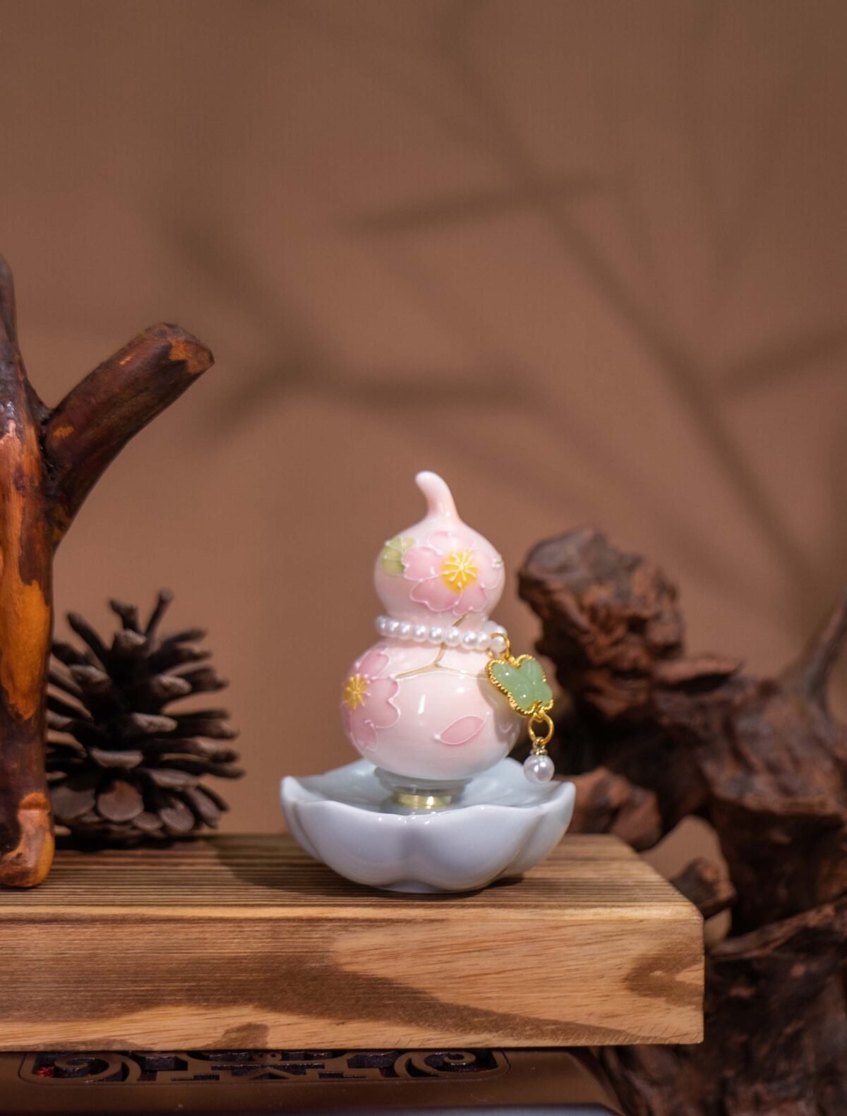 Nature & Tao Peach Blossom Hulu – Pink Porcelain Gourd with Butterfly Jade Charm, Pearl Accents & Lotus Base to Invite Love, Joy & Good Fortune