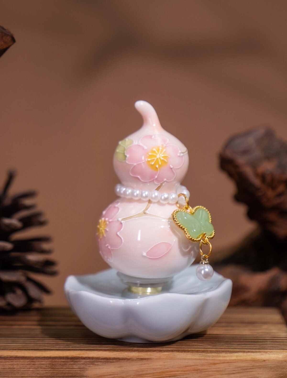Nature & Tao Peach Blossom Hulu – Pink Porcelain Gourd with Butterfly Jade Charm, Pearl Accents & Lotus Base to Invite Love, Joy & Good Fortune