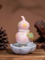 Nature & Tao Peach Blossom Hulu – Pink Porcelain Gourd with Butterfly Jade Charm, Pearl Accents & Lotus Base to Invite Love, Joy & Good Fortune