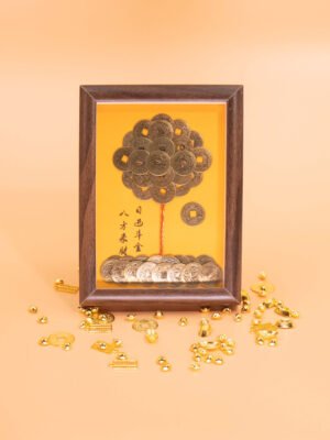 Nature & Tao Coin Money Tree Frame – Five Emperor Coins Layered as Tree, Gold Background, Calligraphy Art & Solid Walnut Frame to Attract Wealth