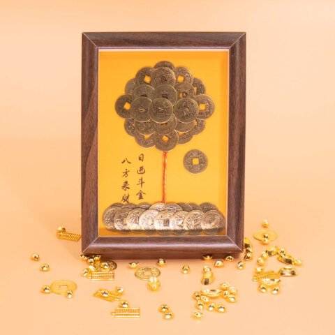 Nature & Tao Coin Money Tree Frame – Five Emperor Coins Layered as Tree, Gold Background, Calligraphy Art & Solid Walnut Frame to Attract Wealth
