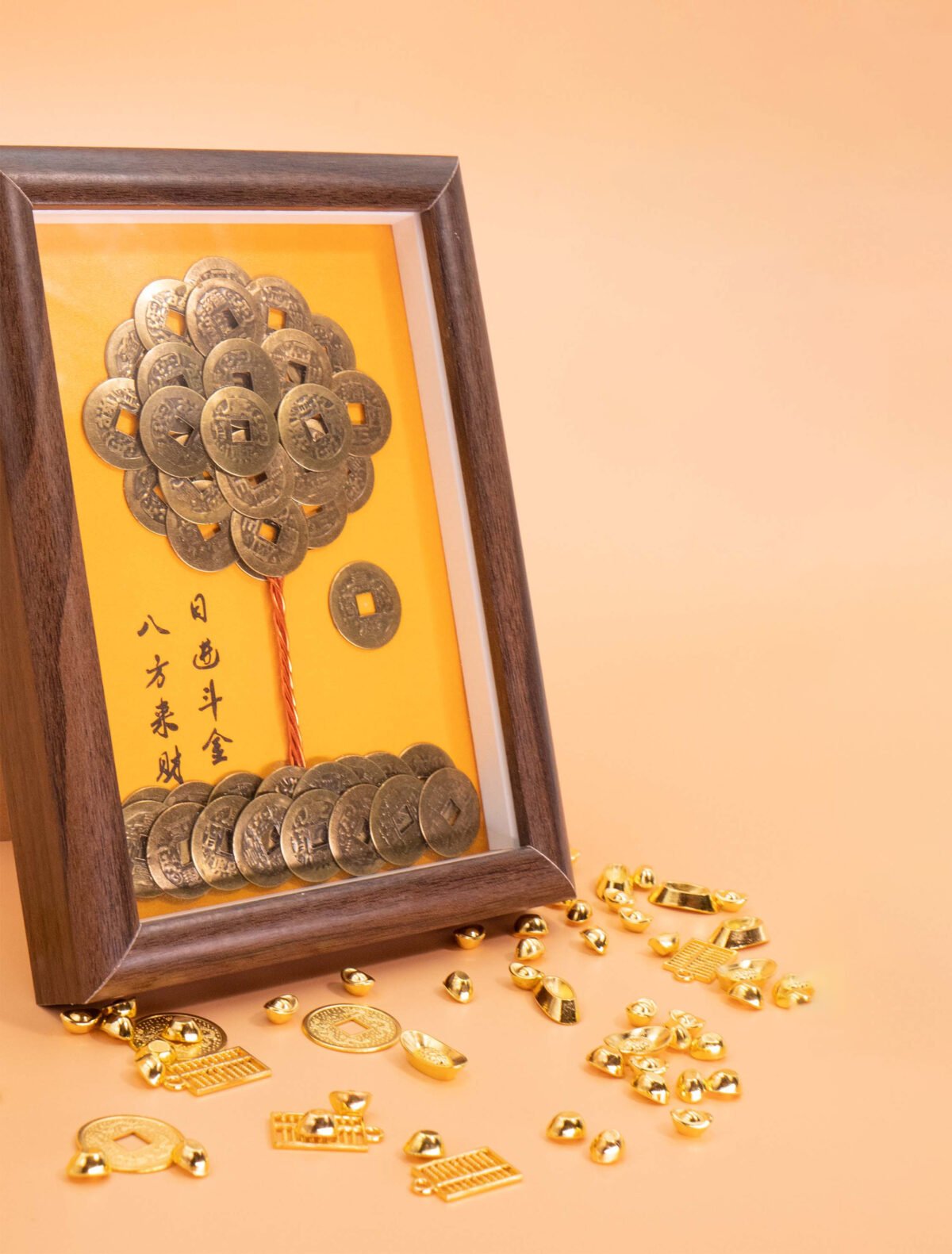 Nature & Tao Coin Money Tree Frame – Five Emperor Coins Layered as Tree, Gold Background, Calligraphy Art & Solid Walnut Frame to Attract Wealth