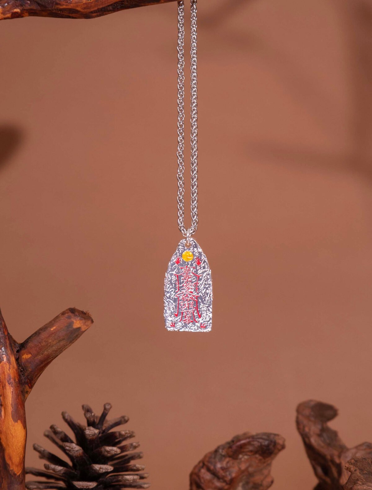 Nature & Tao Double-Sided Talisman Silver Pendant – Hammered Silver, Red Lacquer-Filled Script, Cuban Chain, A Gentle Reminder of Steadiness & Grace