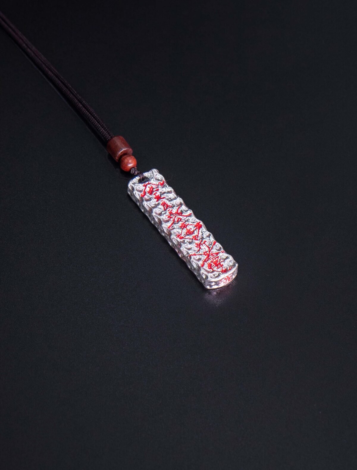 Nature & Tao Hand-Hammered Talisman Pendant – Long Silver Plaque, Red Lacquer-Filled Script, Adjustable Cotton Cord, A Gentle Reminder of Steadiness & Grace