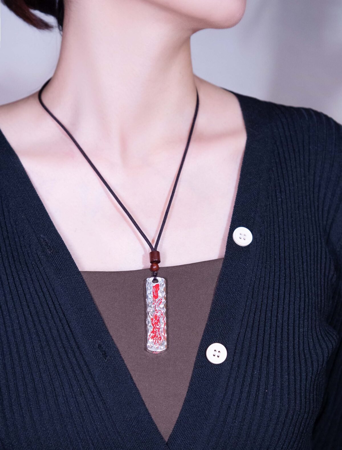 Nature & Tao Hand-Hammered Talisman Pendant – Long Silver Plaque, Red Lacquer-Filled Script, Adjustable Cotton Cord, A Gentle Reminder of Steadiness & Grace