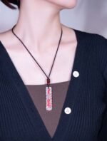 Nature & Tao Hand-Hammered Talisman Pendant – Long Silver Plaque, Red Lacquer-Filled Script, Adjustable Cotton Cord, A Gentle Reminder of Steadiness & Grace