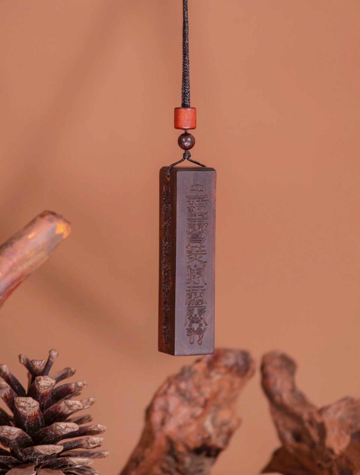 Nature & Tao Thunder-Struck Wood Talisman Pendant – Deeply Carved Seal Script, Adjustable Cotton Cord, A Gentle Reminder of Steadiness & Purpose