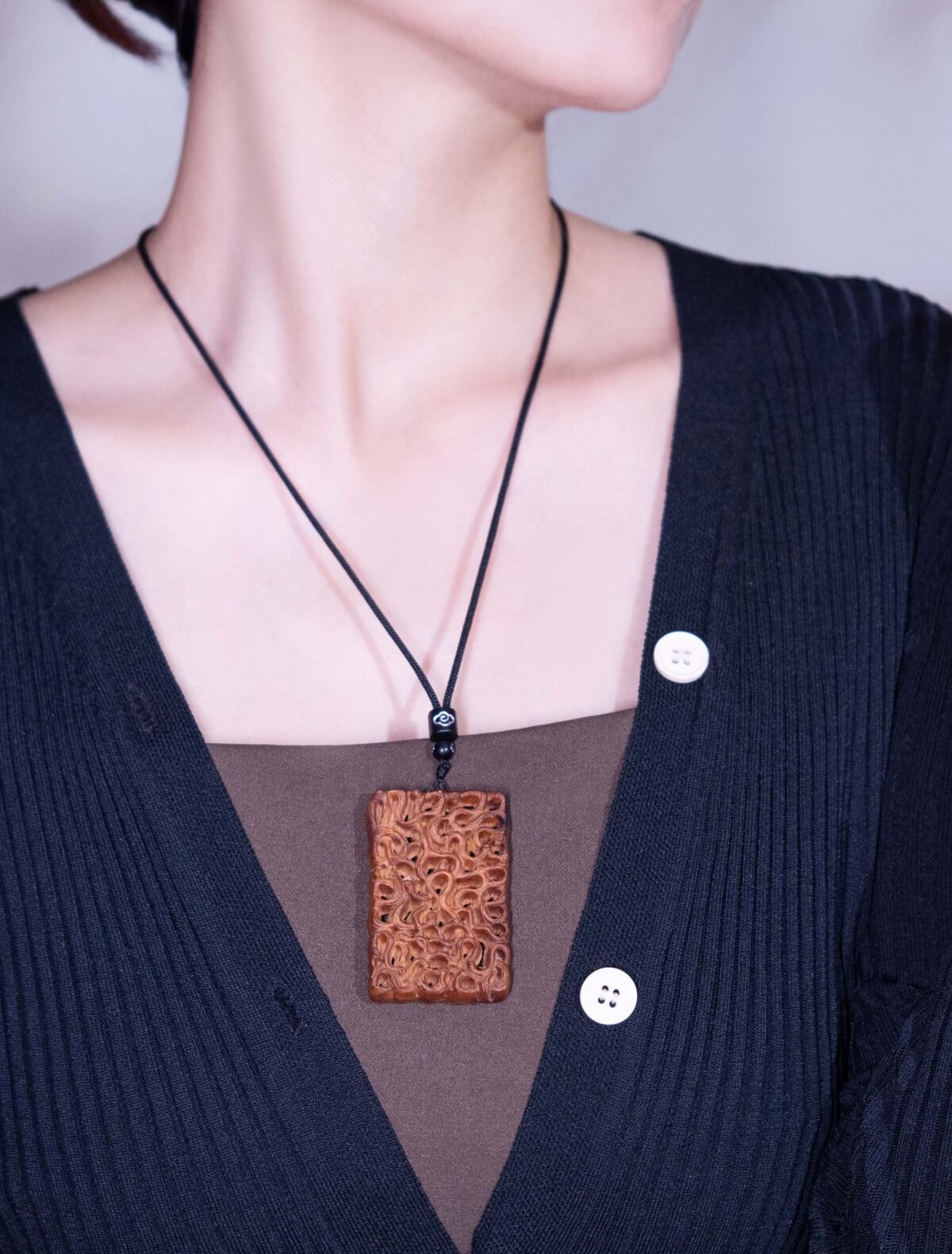 Nature & Tao Openwork Roots Peace Pendant – Carved Thunder-Struck Jujube Wood, Adjustable Black Cotton Cord, A Quiet Reminder of Resilience & Grace