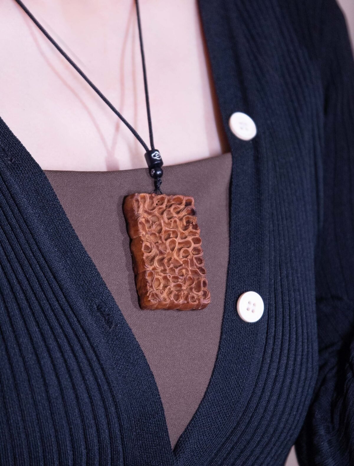 Nature & Tao Openwork Roots Peace Pendant – Carved Thunder-Struck Jujube Wood, Adjustable Black Cotton Cord, A Quiet Reminder of Resilience & Grace