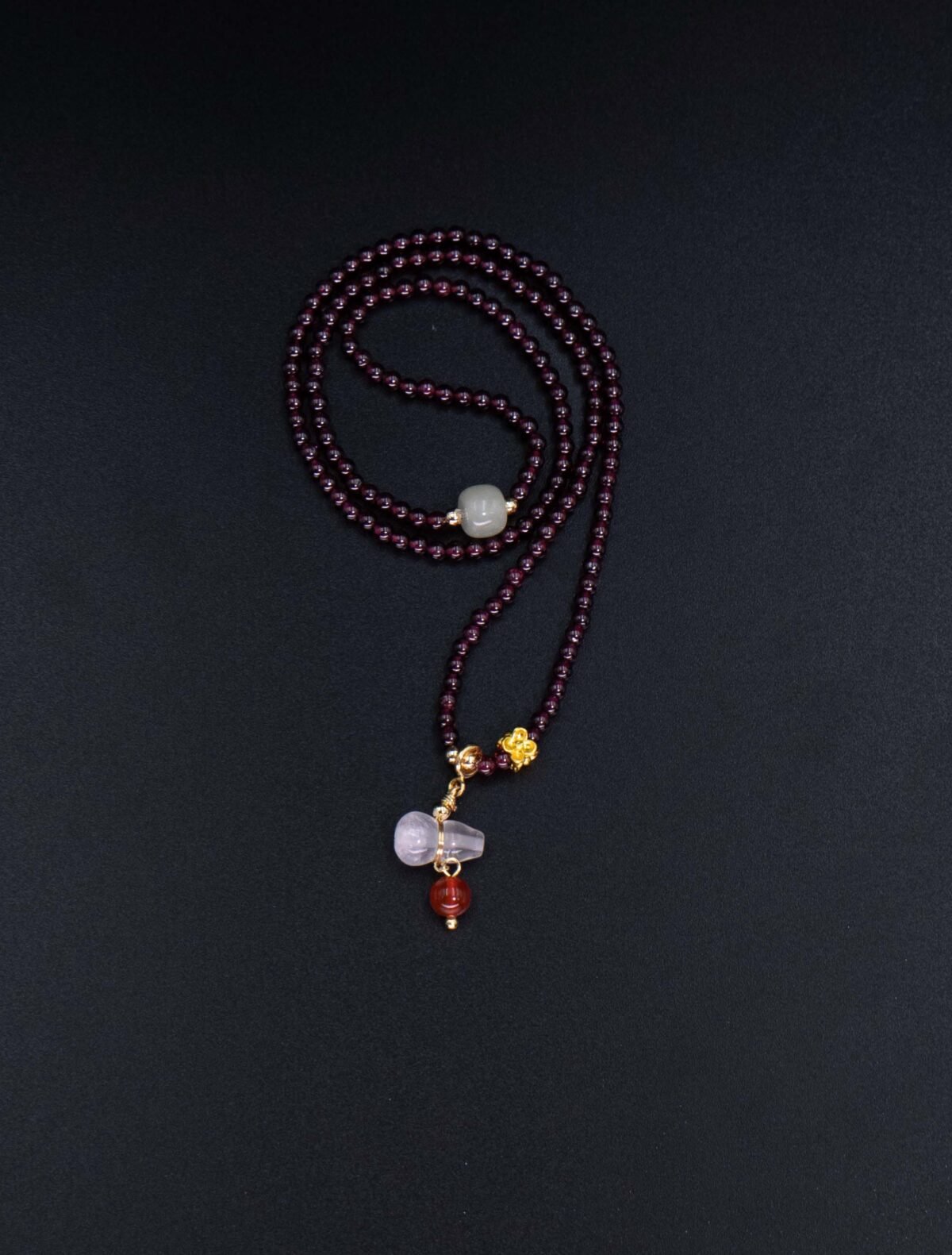 Nature & Tao Garnet Hulu Necklace – Hetian Jade Barrel Bead, Gilded Plum Blossom, Chalcedony Hulu & Red Agate Drop, A Gentle Reminder of Steadiness & Grace