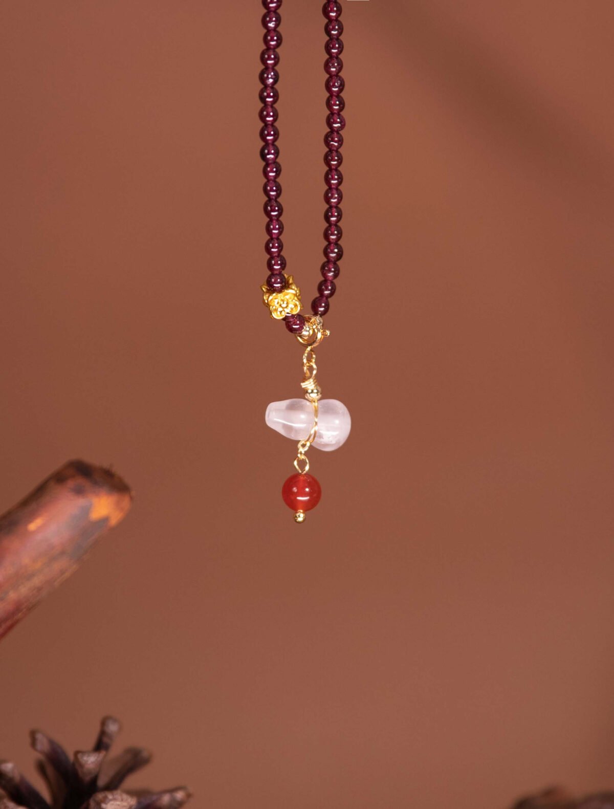 Nature & Tao Garnet Hulu Necklace – Hetian Jade Barrel Bead, Gilded Plum Blossom, Chalcedony Hulu & Red Agate Drop, A Gentle Reminder of Steadiness & Grace
