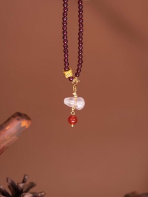 Nature & Tao Garnet Hulu Necklace – Hetian Jade Barrel Bead, Gilded Plum Blossom, Chalcedony Hulu & Red Agate Drop, A Gentle Reminder of Steadiness & Grace