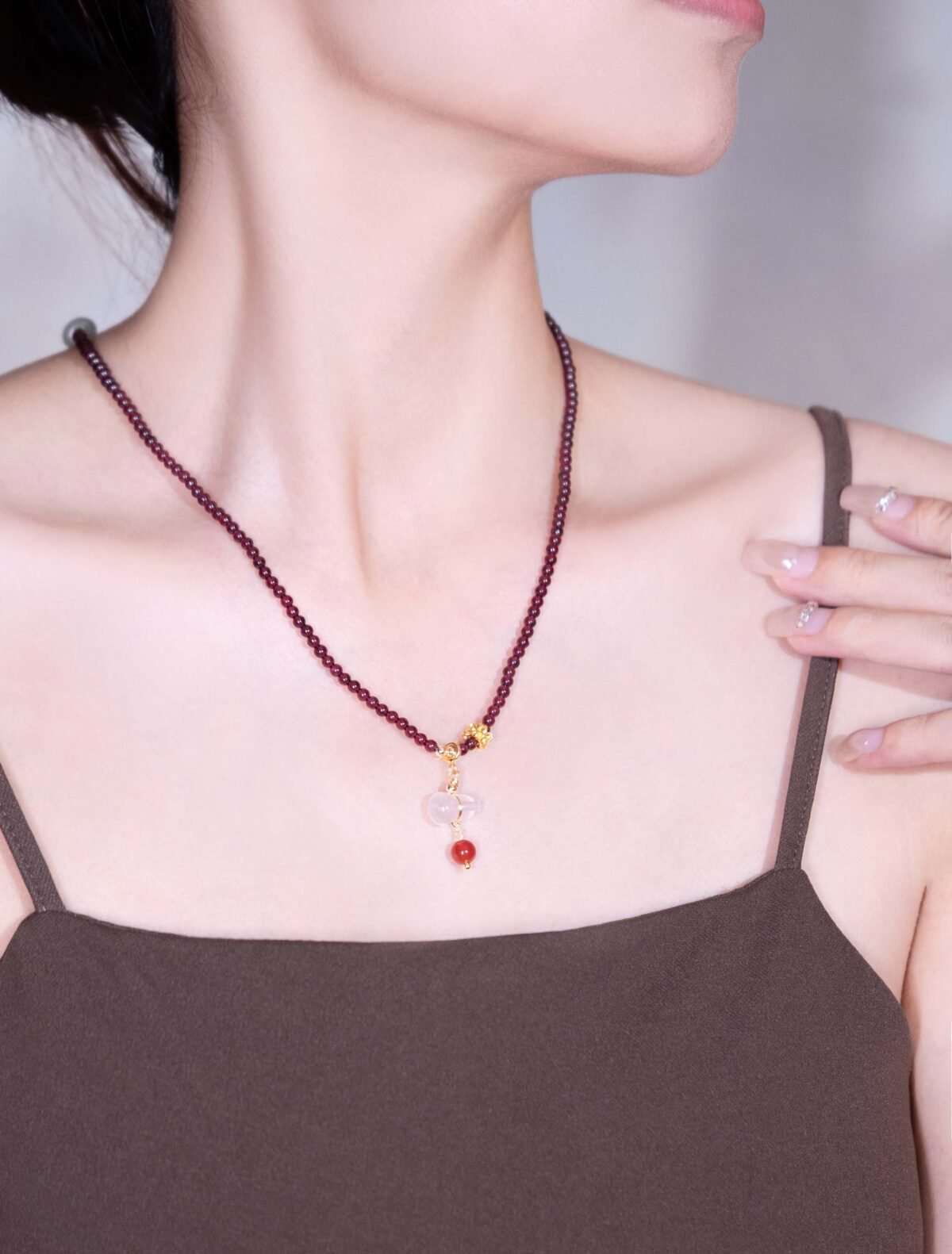 Nature & Tao Garnet Hulu Necklace – Hetian Jade Barrel Bead, Gilded Plum Blossom, Chalcedony Hulu & Red Agate Drop, A Gentle Reminder of Steadiness & Grace