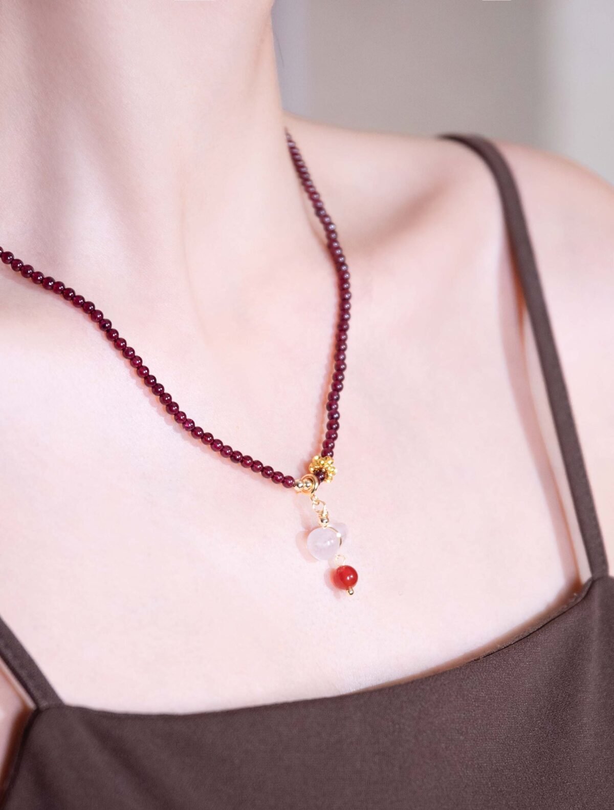 Nature & Tao Garnet Hulu Necklace – Hetian Jade Barrel Bead, Gilded Plum Blossom, Chalcedony Hulu & Red Agate Drop, A Gentle Reminder of Steadiness & Grace