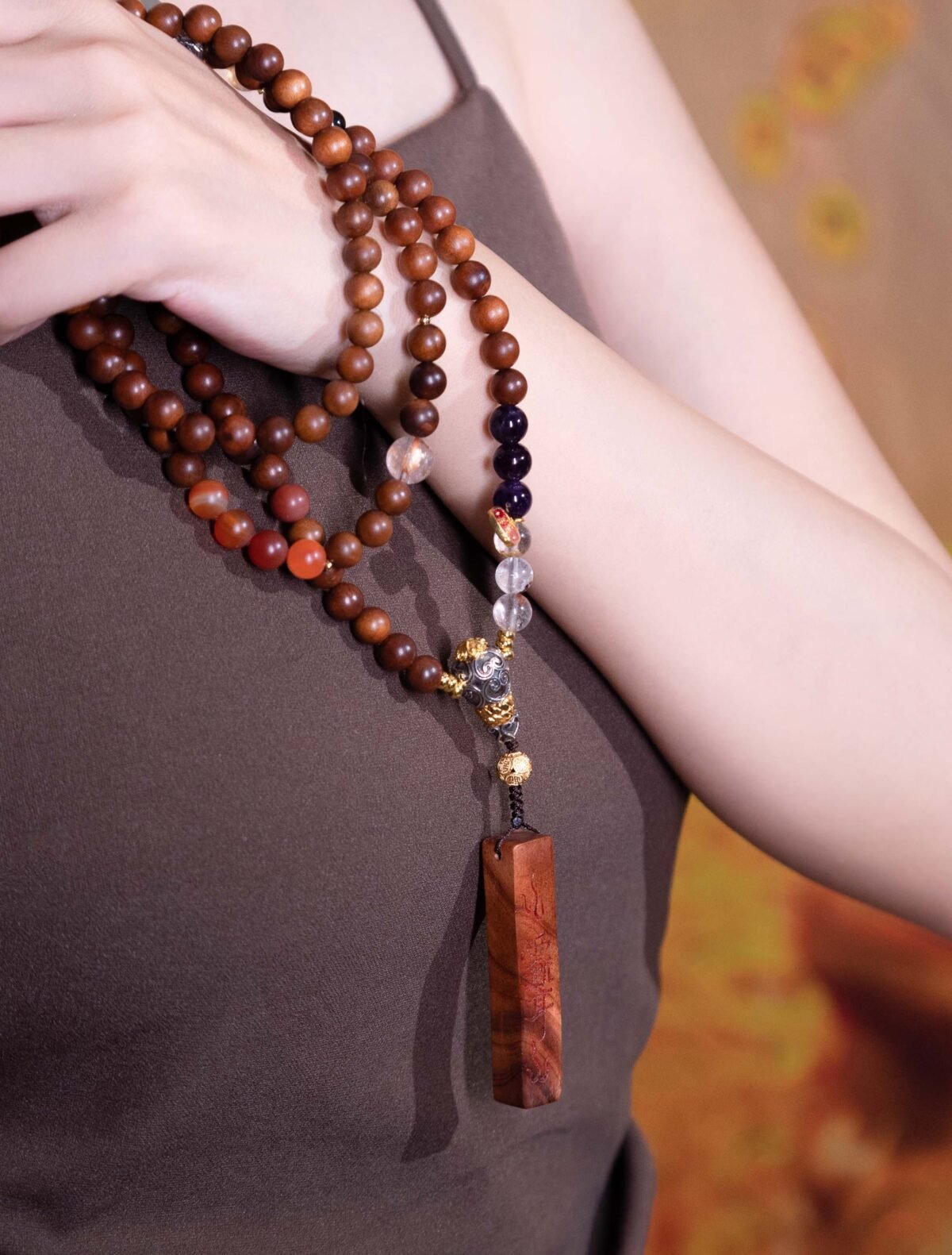 Nature & Tao Rain Gradual Ear Pendant Necklace – Multi-Gem Beads, Tibetan Silver Three-Way Bead, A Gentle Reminder of Steadiness & Grace